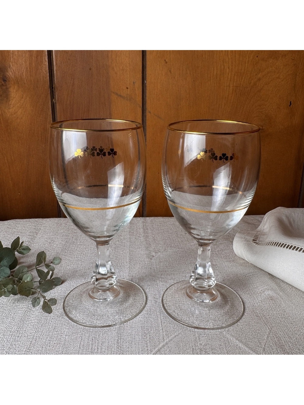 Vintage Gold Shamrock Clover Goblets Set Of 2 Clear Stemmed Wine Glasses 6”